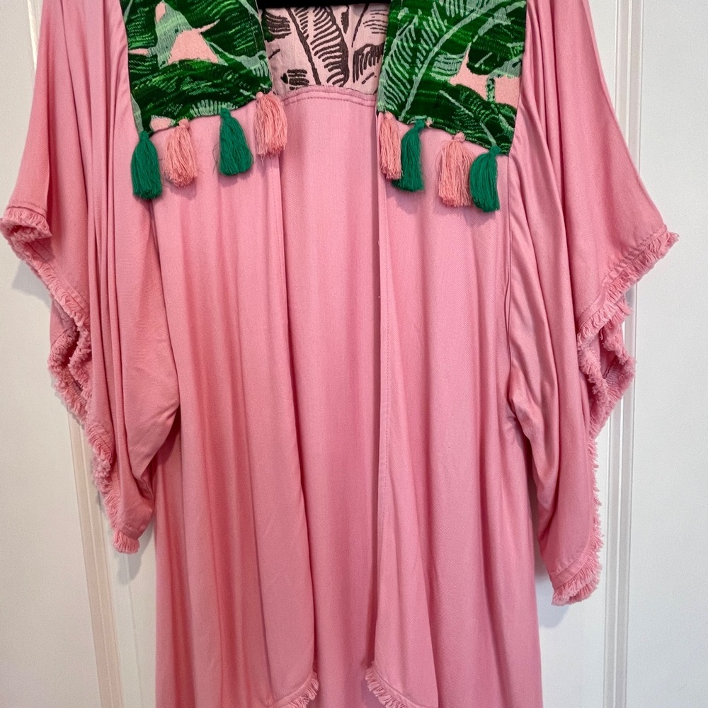 Pink Kimono with Green Leaf Print